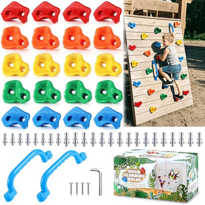 TOPNEW 20PCS Rock Climbing Holds with 2 Safety Handles, Non-Slip Kids Climbing Grips, Indoor Outdoor Climbing Wall Kit with Complete Mounting Hardware, Ideal Gift for Playground & Home - style: 20 PCS Holds+Safety Handles