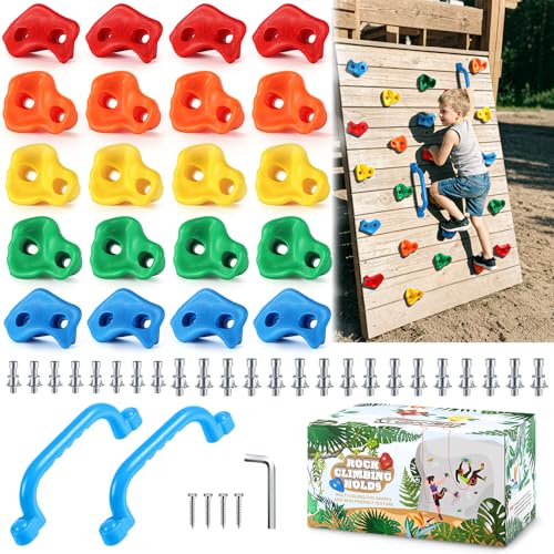 TOPNEW 20PCS Rock Climbing Holds with 2 Safety Handles, Non-Slip Kids Climbing Grips, Indoor Outdoor Climbing Wall Kit with Complete Mounting Hardware, Ideal Gift for Playground & Home - style: 20 PCS Holds+Safety Handles