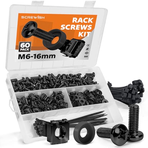 60 Pack M6 x 16mm Rack Screws Kit（Black）, Cage Nuts, Washers and Cable Ties, Organizer Case with Dividers for Server Racks and Network Cabinets - color: Black, size: M6x16mm