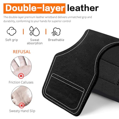 Weight Lifting Wrist Strap, Double-Layer Leather Wrist Straps for Gym Strength Training Weightlifting,Deadlift and Powerlifting, Enhance Grip Strength Neoprene Padding Gym Workout Lifting Straps Men/Women Pair - color: Black