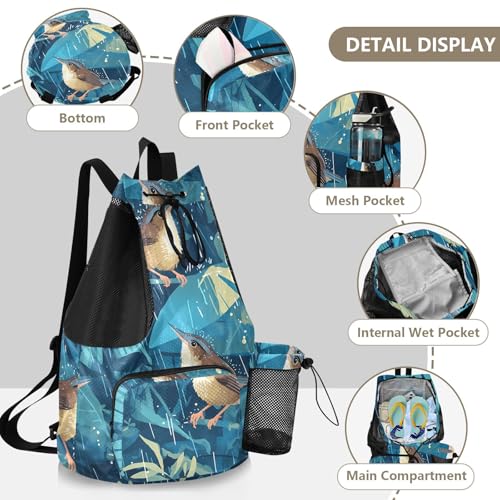 GuoChe Drawstring Backpacks Gym Swim Bag With Inside Pockets Pull String Bag Waterproof Cute Birds in Rain - color: Cute Birds in Rain