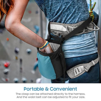 MoKo Climbing Chalk Bag with Chalk Brush, Waterproof Nylon Bouldering Chalk Bag Bucket with 2 Large Zippered Storage Pockets Drawstring Closure Adjustable Belt Chalk Bag for Climbing Gymnastics - color: Black+Light Blue, style: Cylindrical