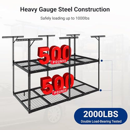 FLEXIMOUNTS 4x8 2-Tier Garage Ceiling Storage Rack, Black | 1000 lbs Capacity, Adjustable Height Overhead System, Heavy Duty Metal Shelving, Ideal for 9-15 ft High Ceilings