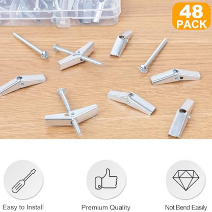 KURUI 1/8 Toggle Bolts for Drywall, 48 Pcs Heavy Duty Metal Drywall Anchors Kit, Dry Wall Anchors and Screws Kit, Butterfly Anchors for Ceiling, Sheetrock, Hollow Wall - size: 1/8"