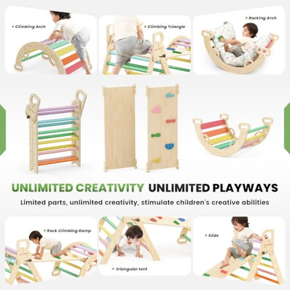BlueWood Pikler Triangle Set with Cushion, Wooden Climbing Toys for Toddler | Foldable 8-in-1 Montessori Philosophy Toddler Climbing Toys Indoor with Reversible Ramp, Arch and Ladder - Sunshine Rainbow - color: Sunshine Rainbow