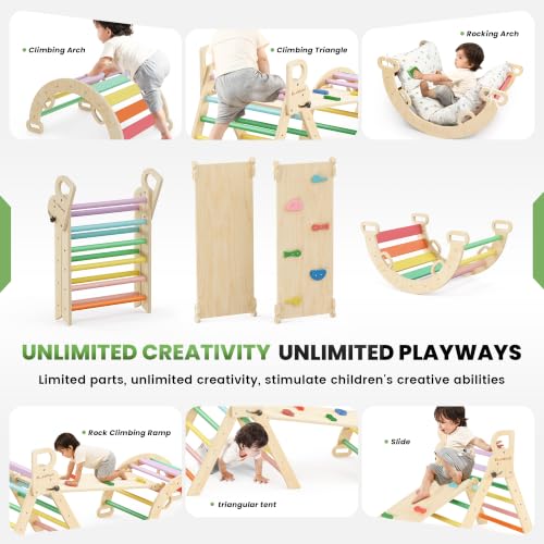 Pikler Triangle Set with Cushion, Wooden Climbing Toys for Toddler | Foldable 8-in-1 Montessori Philosophy Toddler Climbing Toys Indoor with Reversible Ramp, Arch and Ladder - Sunshine Rainbow - color: Sunshine Rainbow