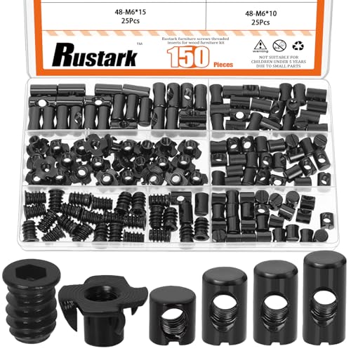 150Pcs M6 Black Zinc Barrel Nuts Four-jaw Tee Nuts and Threaded Insert Assortment Kit Metric Cross Dowels Slotted Nut T Nut Wood Inserts Bolt for Wood Furniture Beds Crib Chairs - style: 145pcs black nuts assortment kit