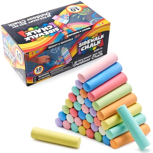 JOYIN 60 PCS Sidewalk Chalk Set (10 colors), Non-Toxic Washable Outdoor Jumbo Chalk Set for Painting on Chalkboard, Art Play and Playground Toy