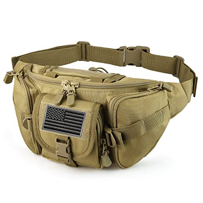 FRTKK Tactical Fanny Pack Military Waist Bag Pack with USA Flag Patch Utility Hip Pack with Adjustable Strap for Outdoors Fishing Cycling Camping Hiking Dog Walking (Tan) - color: Tan