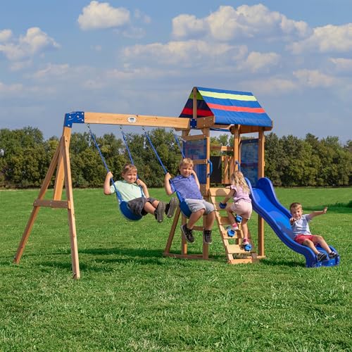 Backyard Discovery Bay Pointe Cedar Wood Swing Set with Wave Slide, Play Deck, Rock Wall Ladder, Belt Swings, Chalkboard, Canopy Roof, Outdoor Playset - color: Blue