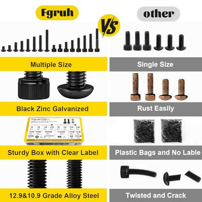 1500PCS M4 Screws with Nuts Assortment Kit, M4x6/8/12/16/20/25/30/40 mm Hex Socket Button & Cap Head Bolts Nut and Washers Set, 12.9 & 10.9 Grade Black Zinc Plated for DIY, 3D Printer - size: M4 1500pcs