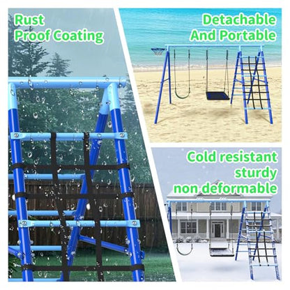 5-in-1 Metal Backyard Swing Set for Kids Outdoor Playground Equipment | 43" Platform Swing & Belt Seat, Climbing Rope Ladder, Rigid Ladder, Basketball Hoop, Enjoy Park-Style Fun Right At Home