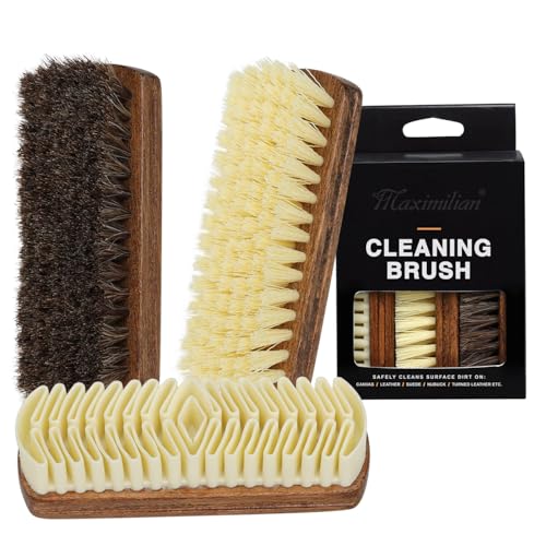MAXIMILIAN Shoe Shine Brush Kit 3Pcs Suede Brush Solid Wood Shoe Brushes | Horsehair Shoe Brush for Polishing,Crepe Suede Brush,Leather&Suede&Nubuck Shoe Cleaning kit,Remove Stains Spots Restore Suede