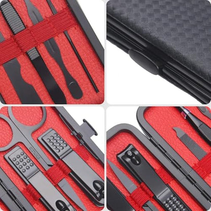 AOMIG Nail Clipper Set 7 pcs Manicure Pedicure Nail Care Kit with Luxurious Leather Case Fingernail Toenail Clippers Portable Stainless Steel Ear Pick Eyebrow Scissors Fingernail File Tweezer Kit - color: Black