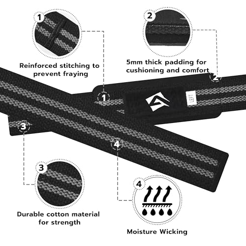 AQF Weight Lifting Straps, Padded Cotton Gym Wrist Straps for Deadlifts | 23" Extra-Long, Heavy-Duty Webbing, 5mm Neoprene Cushioning, Open-Loop Design, Sold as Pair, Ideal for Rows & Pull Workout - color: Black & Grey
