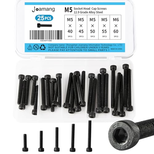 M5 x 40mm 45mm 50mm 55mm 60mm Hex Socket Head Cap Screws Bolts, 12.9 Grade Alloy Steel, Black Oxide Finish, Metric Allen Drive, Fully Threaded, Assortment Kit 25Pcs - size: Socket M5x40-60 mm