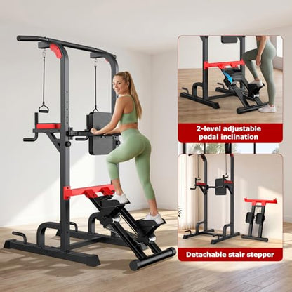 Power Tower Pull Up Bar Free Standing,Multi-Level Adjustable Height Dip Station, Multi-Grip Handles,Backrest,Home Gym Strength Training Equipment with Power Elastic Ropes,Capacity 400LBS