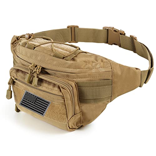 FRTKK Tactical Fanny Pack Military Waist Bag Pack with USA Flag Patch Utility Hip Pack with Adjustable Strap for Outdoors Fishing Cycling Camping Hiking Dog Walking (Tan 2) - color: Tan 2