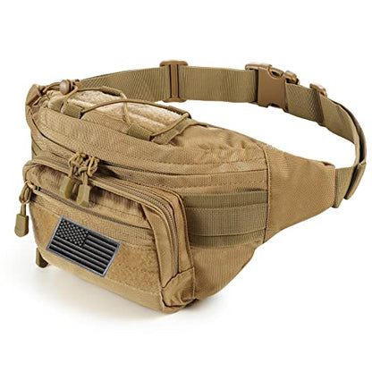 FRTKK Tactical Fanny Pack Military Waist Bag Pack with USA Flag Patch Utility Hip Pack with Adjustable Strap for Outdoors Fishing Cycling Camping Hiking Dog Walking (Tan 2) - color: Tan 2