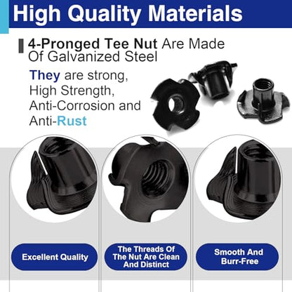 100PCS 1/4"-20 T Nuts for Wood, Carbon Steel 4-Prong Tee Nuts | Threaded inserts for wood panels, furniture and climbing wall holds - color: 100 Pack 1/4"-20
