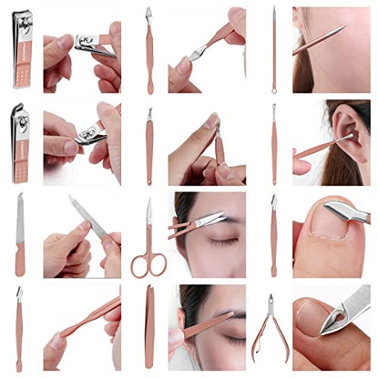 FAMILIFE Manicure Set, Professional Nail Kit Stainless Steel Nail Clipper Set, 13PCS Beauty Tools Manicure Kit Pedicure Tools, with Portable Pink Leather Travel Case for Her - color: Pink