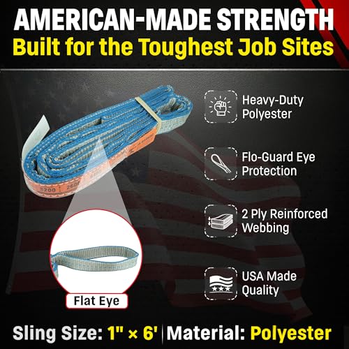 Chenango Supply Eye & Eye 2 Ply Rigging DD Slings | USA-Made, Heavy Duty, Marine Flo Guard Polyester, for Lifting & Material Handling (Multiple Sizes and Capacities) - size: 1" x 6'