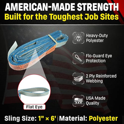 Chenango Supply Eye & Eye 2 Ply Rigging DD Slings | USA-Made, Heavy Duty, Marine Flo Guard Polyester, for Lifting & Material Handling (Multiple Sizes and Capacities) - size: 1" x 6'