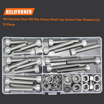 HELIFOUNER 70 Pieces M8 x 30mm /35mm /40mm /45mm /50mm, Hex Socket Head Cap Metric Screws Bolts Washers Nuts Kit, 304 Stainless Steel - size: M8 x 30/35/40/45/50mm