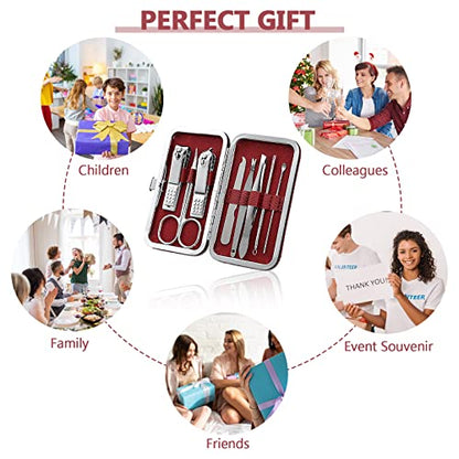 Geosar 12 Sets Manicure Set Nail Clippers Pedicure Kit 8 in 1 Grooming Stainless Steel Kits Nail Care Tools with Travel Case for Employee Coworker Teachers Nurse Gifts(Wine Red) - color: Wine Red