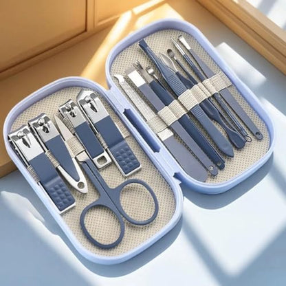 14Piece Professional Stainless Steel Nail Clipper Grooming Kit Nail Care Tools with Blue Foldable Case Manicure Pedicure Set for Men Women Home Travel Personal Nail Care