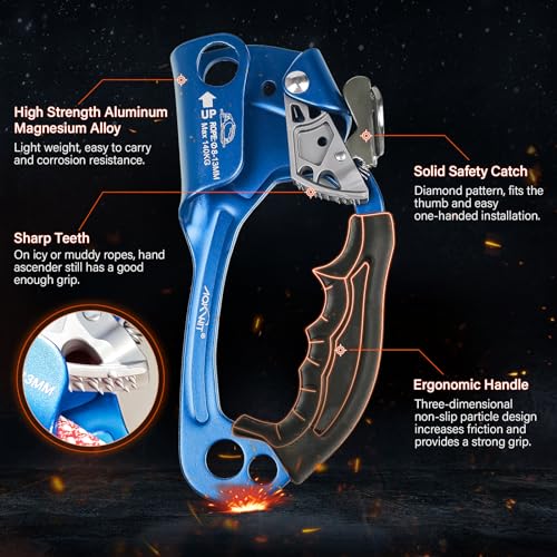 UIAA & CE Certified Rope Ascender Aluminum Alloy Rock Climbing Gear Strong Rigging Rappelling Equipment for Rock Tree Climbing Arborist Rescue Mountaineering Caving - color: Right Hand Blue 1