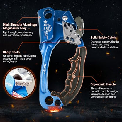 UIAA & CE Certified Rope Ascender Aluminum Alloy Rock Climbing Gear Strong Rigging Rappelling Equipment for Rock Tree Climbing Arborist Rescue Mountaineering Caving - color: Right Hand Blue 2