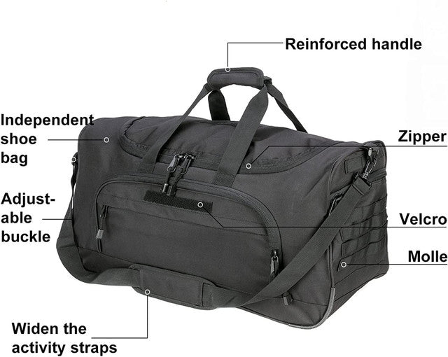 Gym Bag for Women & Men Tactical Duffle Military Weekender Travel Work Out Bags Lightweight Waterproof Sports Tote Shoe Pocket - color: Black