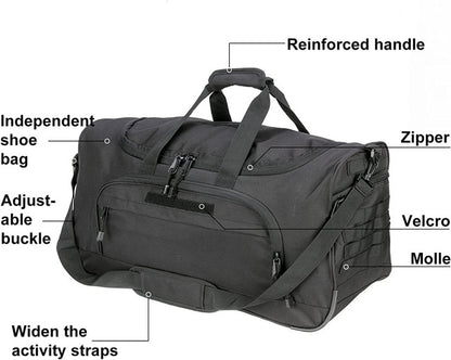 Gym Bag for Women & Men Tactical Duffle Military Weekender Travel Work Out Bags Lightweight Waterproof Sports Tote Shoe Pocket - color: Black