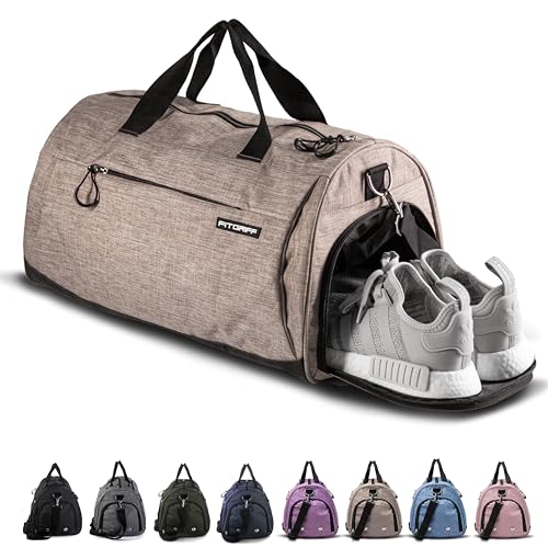 Fitgriff® Gym Bag for Men & Women with Shoe & Wet Compartment - Duffle Bag for Travel, Sports, Fitness & Workout - color: Sand, size: 23 x 12 x 12″ (Medium)