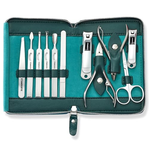 FAMILIFE Nail Kit, Professional Manicure Set Manicure Kit, 11 in 1 Stainless Steel Nail Clippers Set Pedicure Tools, Men Grooming Tool with Portable Blue Leather Travel Case Luxury Gifts for Him - color: Blue