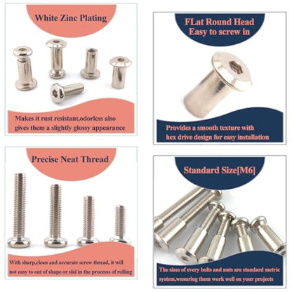 M6 Hex Drive Socket Cap Bolts Screws Kit, 30-Sets Binding Post Screws Socket Cover Connecting Bolt Fixing Post Screw for Furniture Chair Crib Table Cabinets,M6x16mm/ 20mm/ 25mm/ 30mm/ 40mm/ 50mm - color: Silver, size: Silver-6sizes-35sets