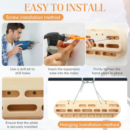 Climbing Hangboard Rock Climbing Fingerboard Gifts Portable Mounted Training Station Pull Up Bar Wooden Hand Grip Strengthener Exerciser with Installation Kit and Rope for Climbers Athletes