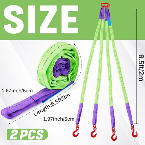 2 Pcs 6.6 ft Polyester Lifting Straps Set - Four Leg Bridle Web Sling & Endless Round Slings Rigging Straps for Hoist, Engine, Crane, Machinery Moving & Tree Stump Removal 6600 lbs Capacity