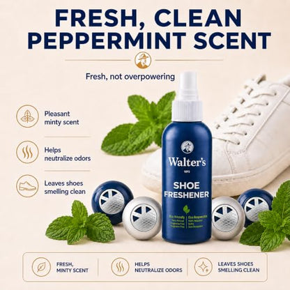 Shoe Deodorizer Spray & Odor Eliminator Kit - Shoe Spray for Smelly Shoes, Feet & Gym Bags | Peppermint Scent | Odor Removal & Shoe Cleaning Solution | 4 fl oz Spray + 2 Pairs of Deodorizer Balls