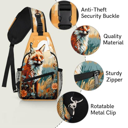 Animal Fox Sling Bags for Women Men, Waterproof Crossbody Sling Backpack Travel Outdoor Sports Chest Bag - color: Yellow