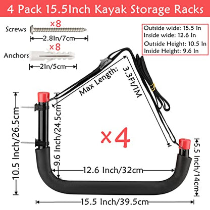 Kayak Storage Racks, Wall Mount Garage Storage Hooks for Kayaks, SUP, Paddle Boards and Surfboards, Heavy Duty Hangers - size: 15.5in-4 Pack