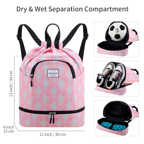 Dry Wet Drawstring Backpack with Shoe Compartment for Women Adjustable Gym Bag - color: Cactus Pink