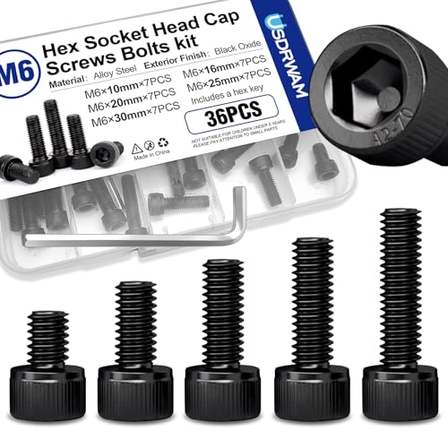 35PCS M6 Hex Socket Head Screws Assortment, 10-30mm | Includes 10mm, 16mm, 20mm, 25mm, 30mm, 35mm, 40mm, 45mm, 50mm, 55mm, 60mm, 65mm, 70mm, 75mm and 80mm lengths, Full thread - style: 35 PCS M6 × 10mm / 16mm / 20mm / 25mm / 30mm Black 304 Stainless Steel