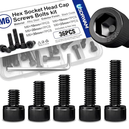 35PCS M6 Hex Socket Head Screws Assortment, 10-30mm | Includes 10mm, 16mm, 20mm, 25mm, 30mm, 35mm, 40mm, 45mm, 50mm, 55mm, 60mm, 65mm, 70mm, 75mm and 80mm lengths, Full thread - style: 35 PCS M6 × 10mm / 16mm / 20mm / 25mm / 30mm Black 304 Stainless Steel