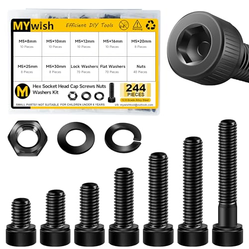 Mywish 244Pcs M5 Screw Metric Screw Assortment, Grade 12.9 Alloy Steel Hex Socket Head Cap, M5 Metric Bolt Assortment, Flat & Spring Lock Washers/Nuts, Black Oxide, Anti Rust Machine Screws - color: Black, size: 244 M5