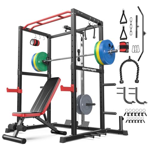 SPORTSROYALS Power Rack, Multi-Functional Power Cage, Squat Rack with Pulley System & LAT Pull Down, Workout Cage with J Hooks for Home Gym - color: Red, style: 230LB Colorful Package with BC