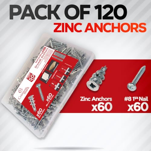 CrimsonMark 120Pcs Zinc Self Drilling Drywall Anchors and Screws kit #8 x 1-1/4”- Metal Wall Anchors for Drywall Heavy Duty, Holds Upto 50lbs – No Drill Hole Required with Dry Wall Screws and Anchors - size: Zinc Metal
