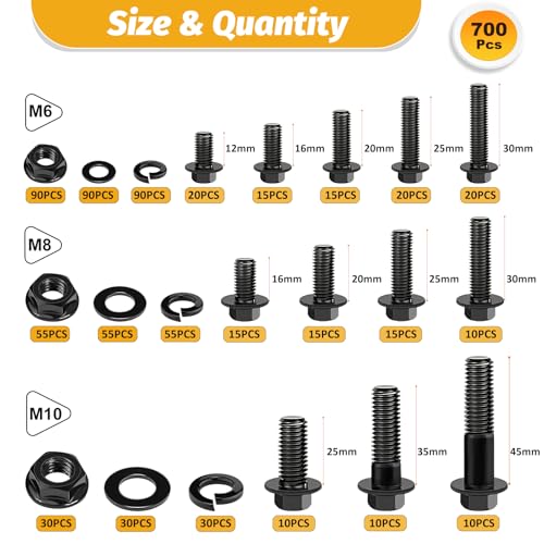 Kadrick Metric Flange Bolt Assortment Kit，700Pcs M6 M8 M10 Bolt Kit,M6-1.0 M8-1.25 M10-1.25 (12mm to 45mm) Hex Bolts Nuts and Washers Kit,Black Zinc Plated - size: M6 M8 M10 700Pcs Flange HEX