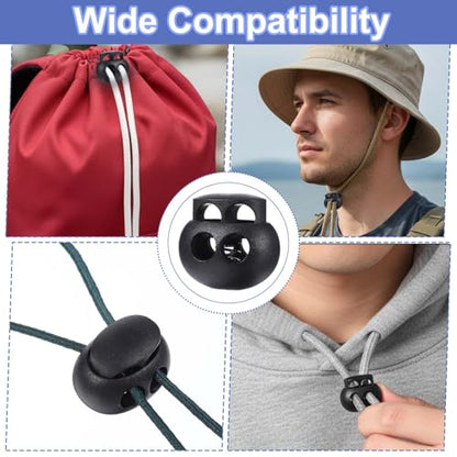 Jeffdad 50pcs Black Spring Cord Locks for Drawstrings, Plastic Cord Lock Double Hole Round Ball Drawstring Cords Lock for Drawstring Shoelaces Clothing Bags